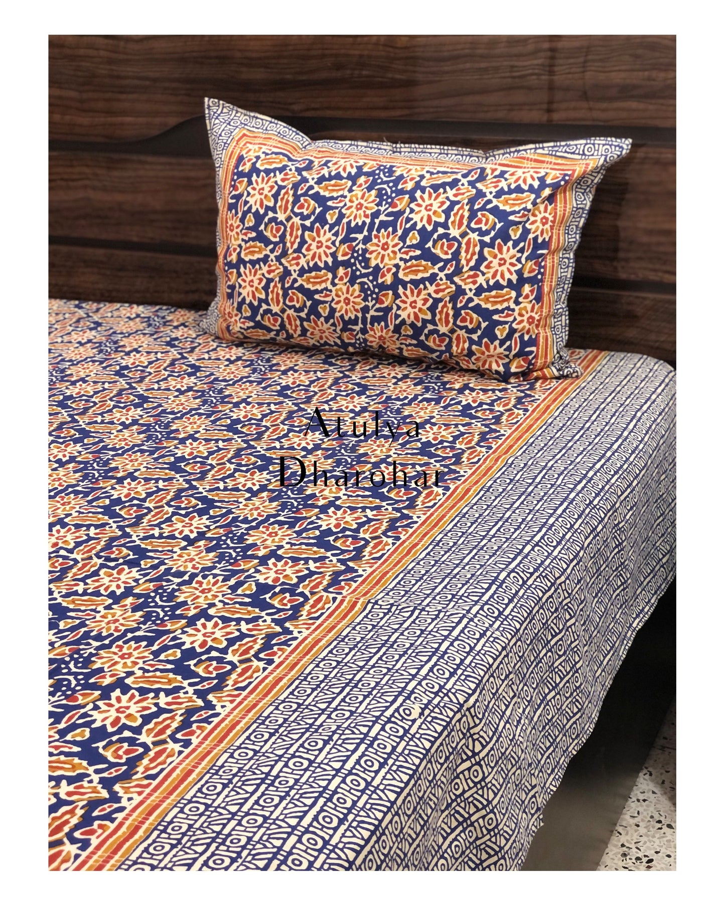 Blue Floral Jaal Cotton King Size Bedsheet