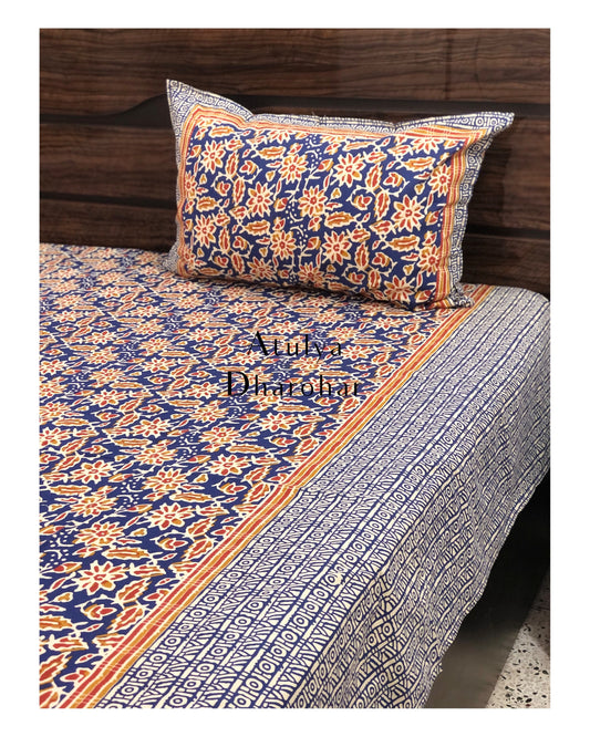 Blue Floral Jaal Cotton King Size Bedsheet