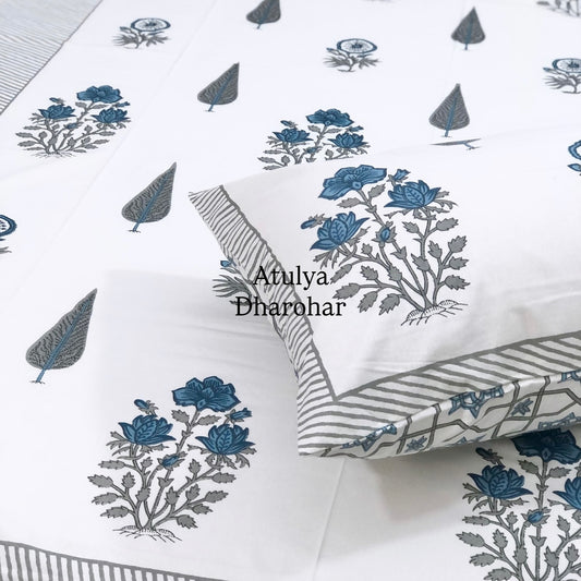 Blue and Grey Floral Motifs Cotton Single Bed Bedsheet