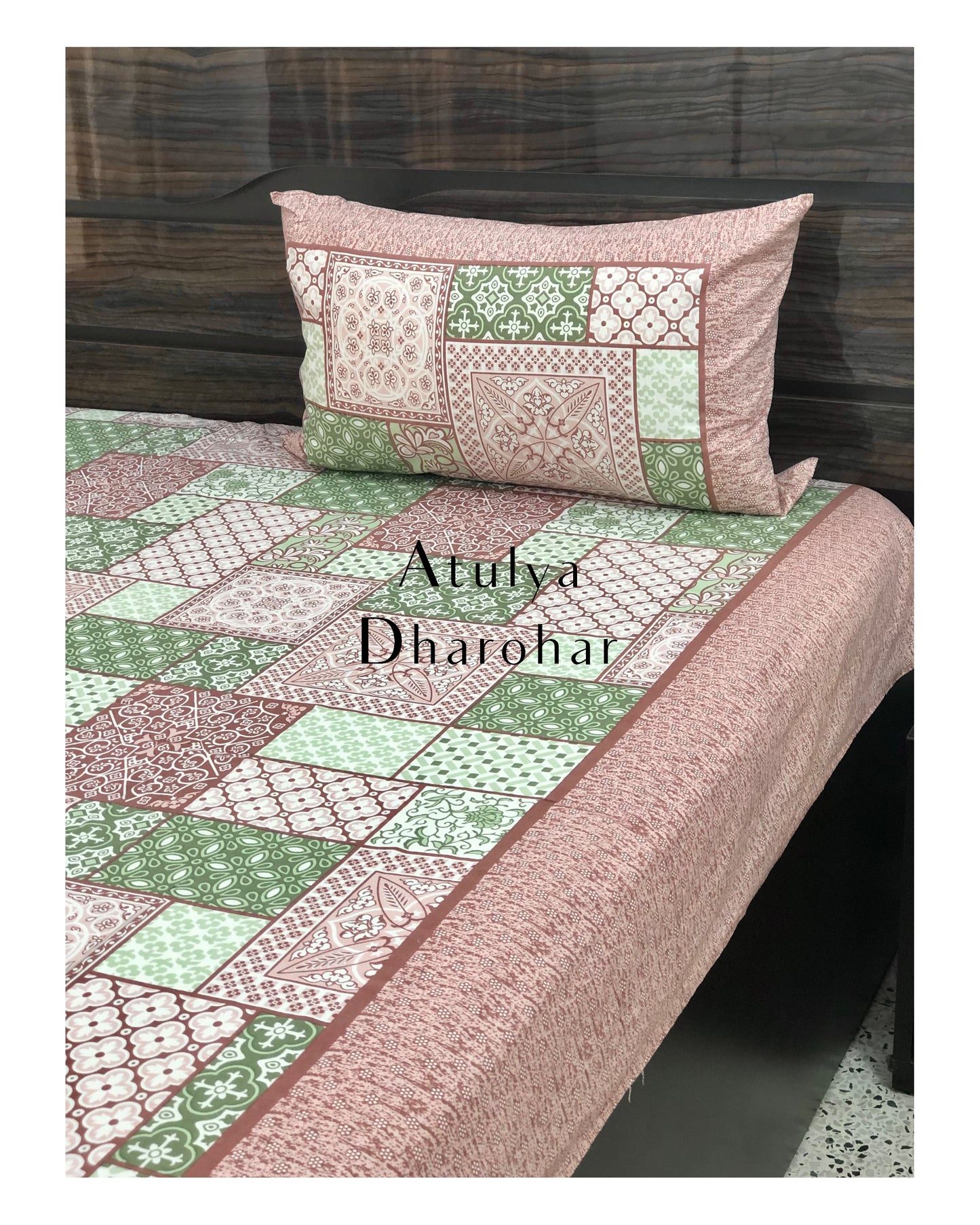 Pink and Green Patchwork Looking Bedsheet