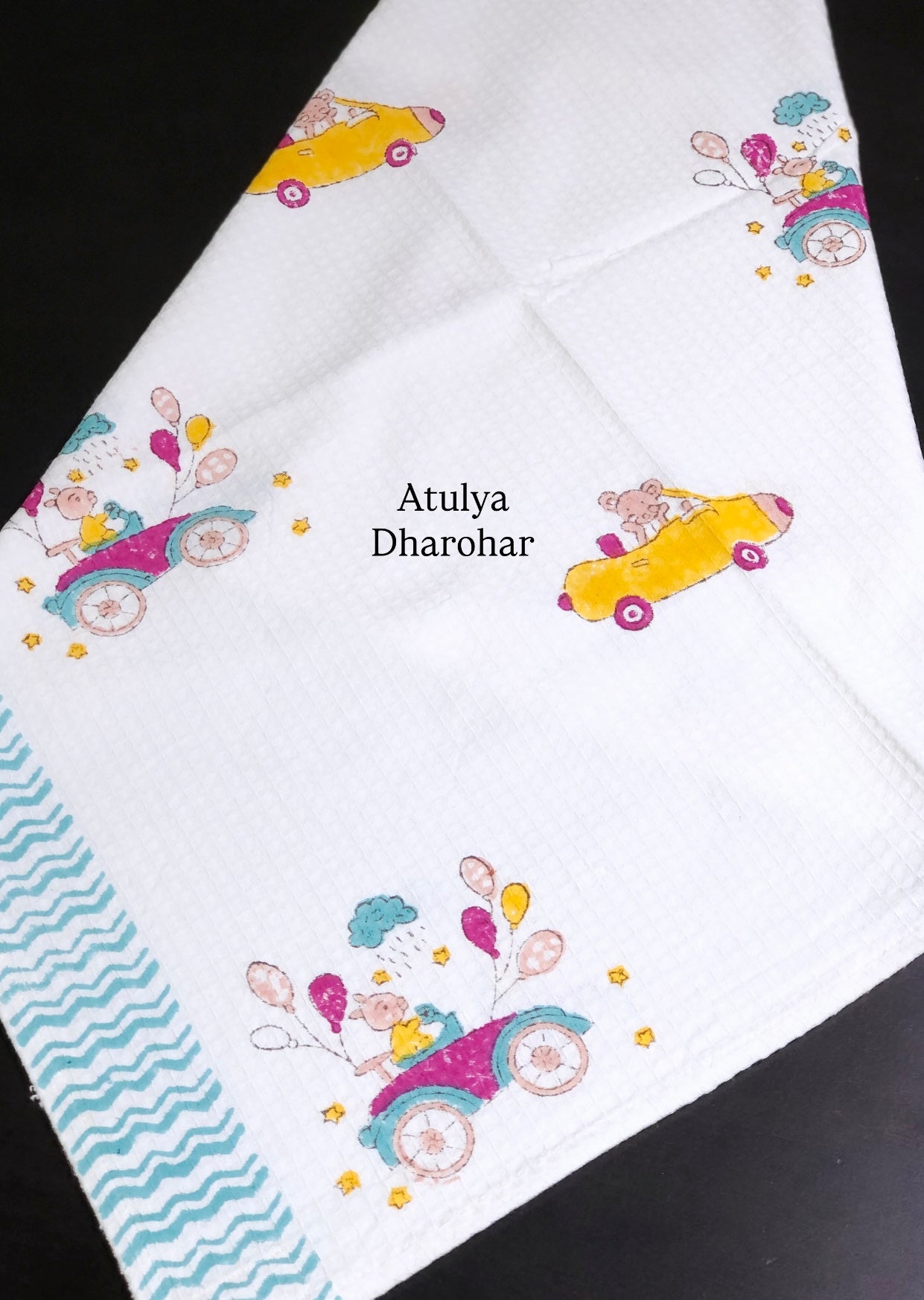 Cars and Balloons Hand Block Printed Waffle Cotton Kids Towel