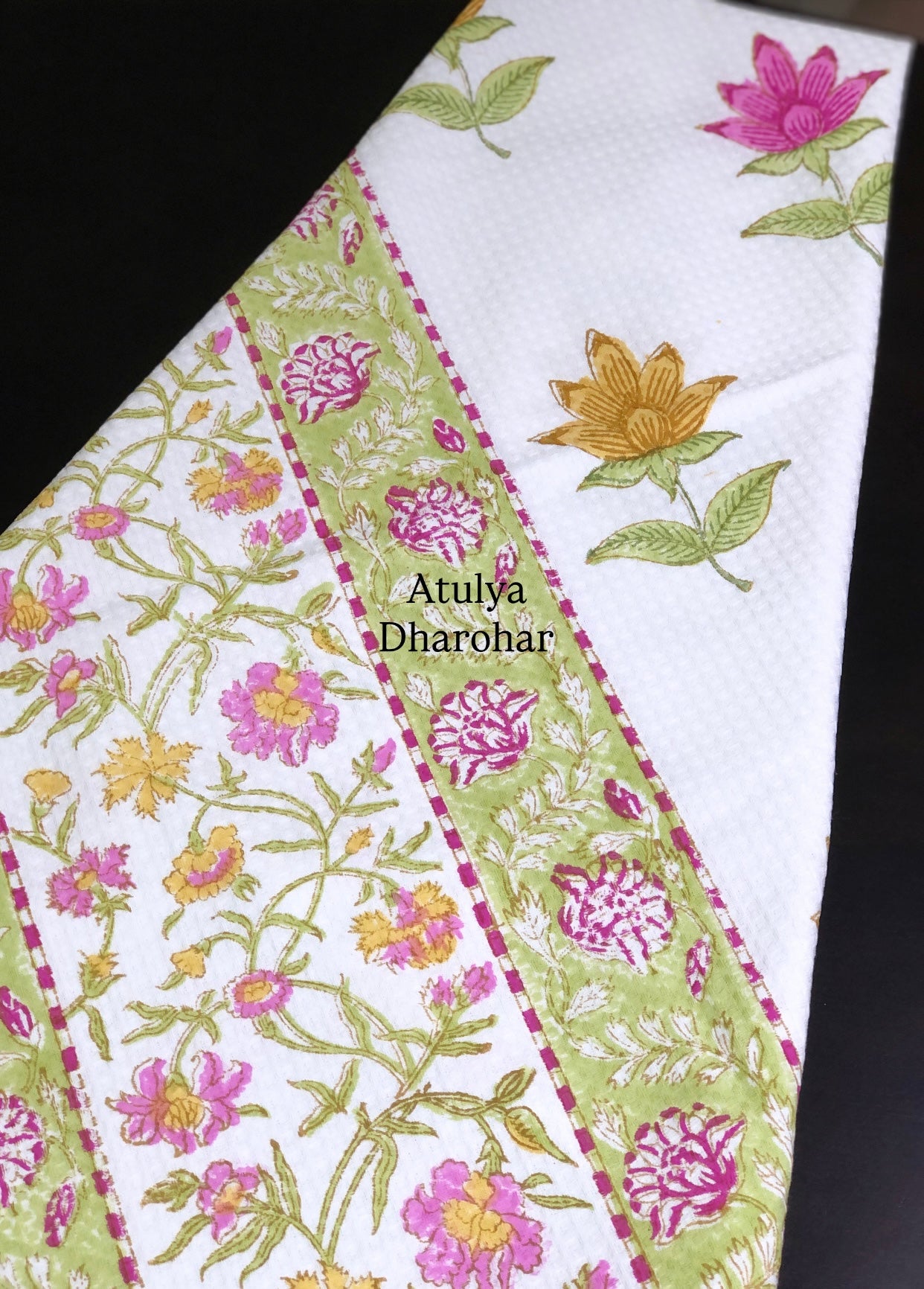 Multicolour Floral Motifs Hand Block Printed Waffle Cotton Towel