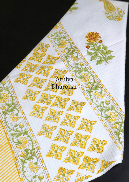 Yellow Floral Motifs Hand Block Printed Waffle Cotton Towel