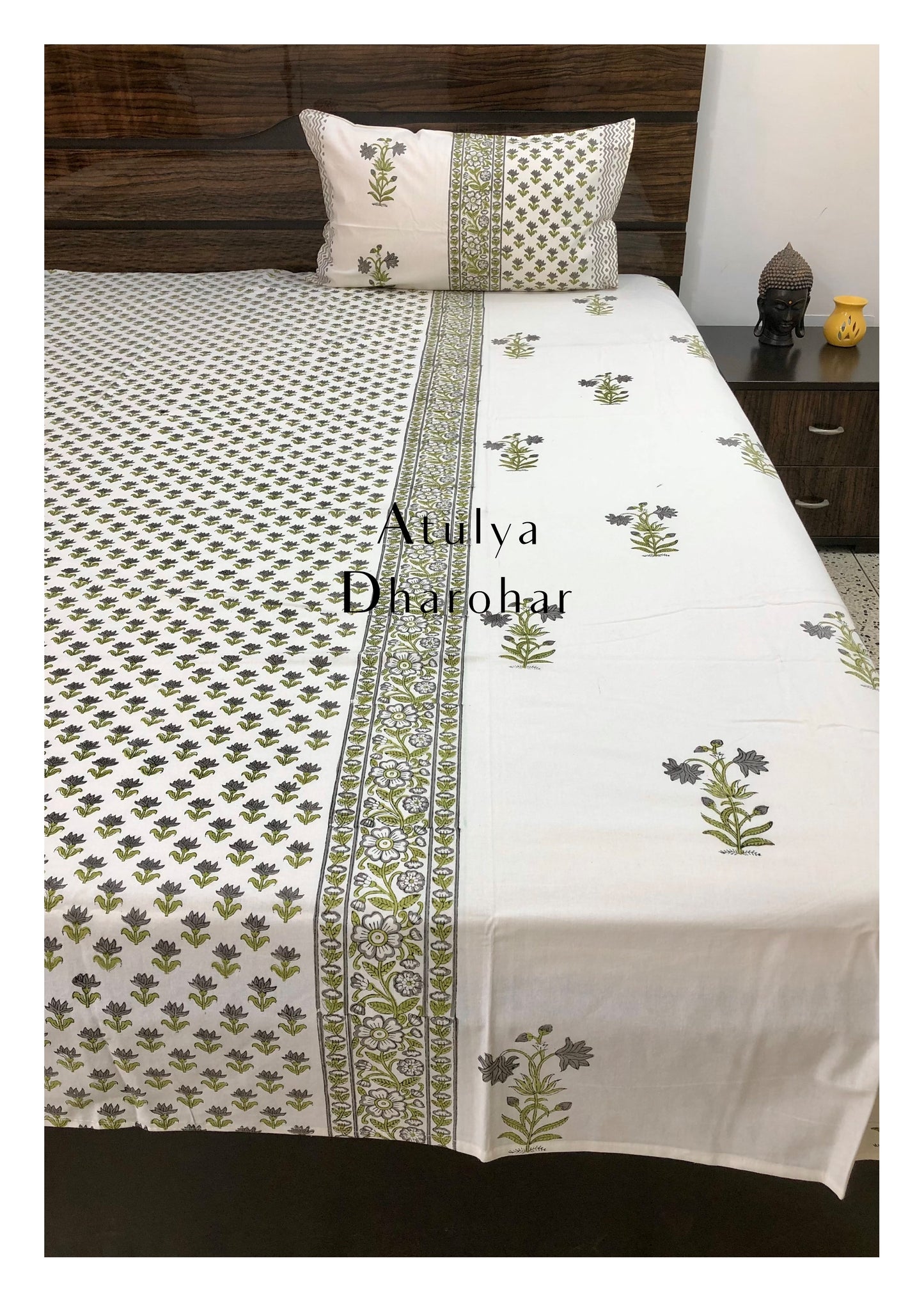 Designer Green Mughal Motifs Hand Block Bedsheet