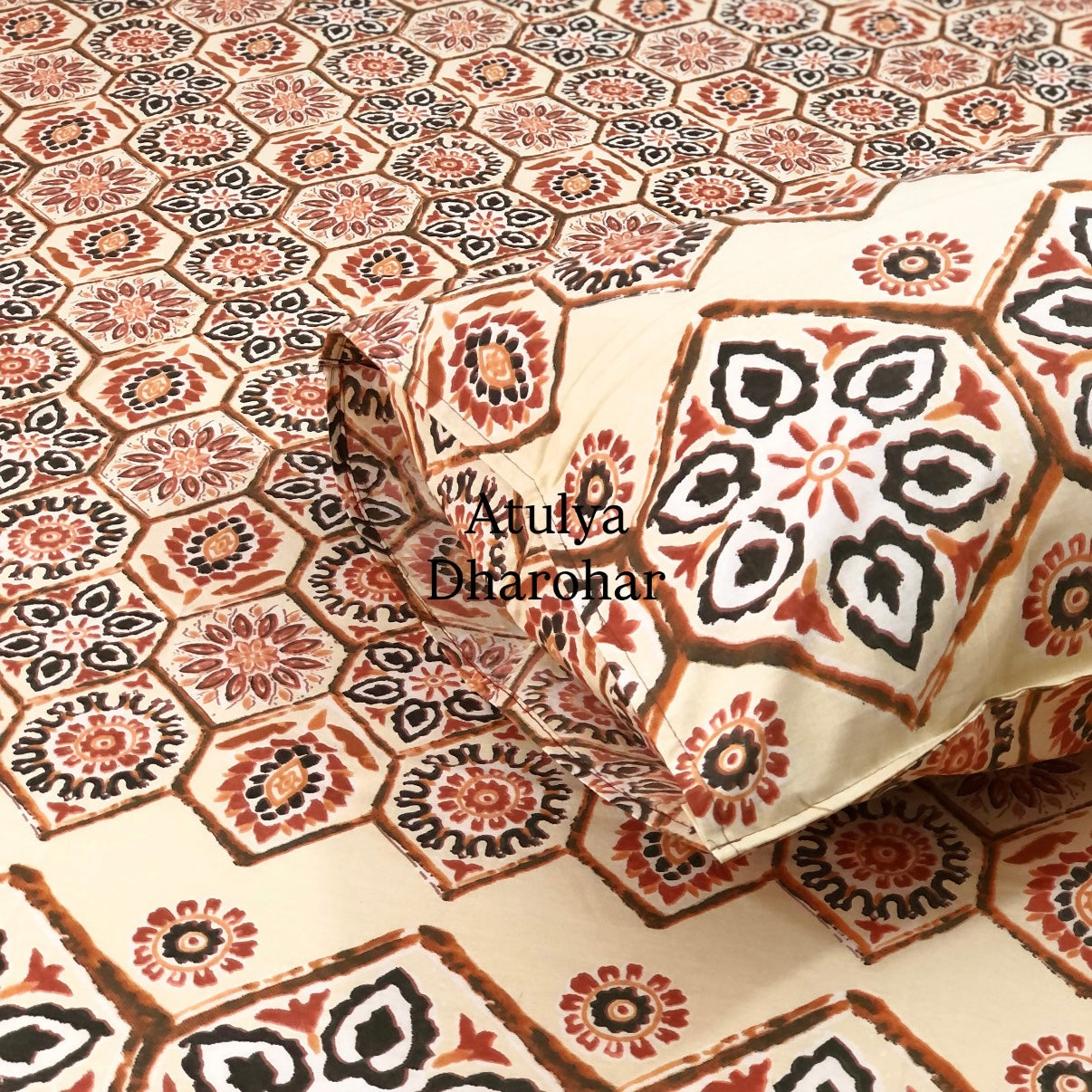 Beige and Red Floral Mughal Jaal Super King Cotton Bedsheet