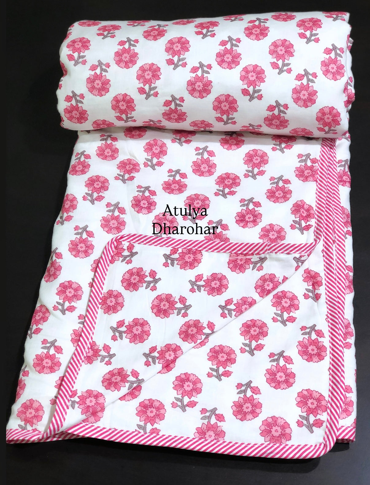 Pink Floral Motifs Mulmul Double Bed Dohar