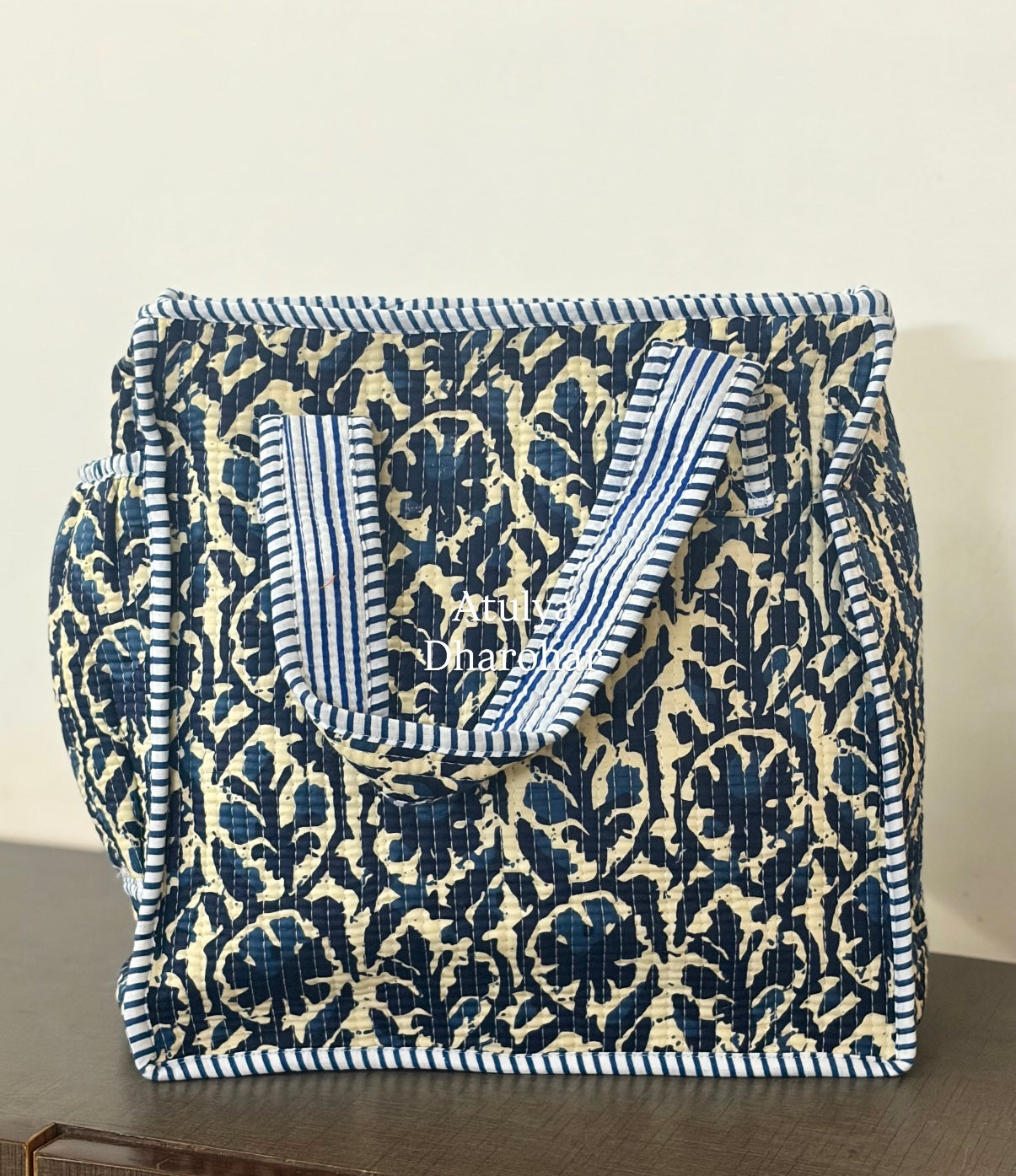 Indigo Floral Quilted Mini Tote Bag with Zip