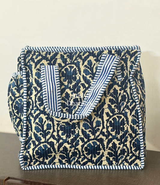 Indigo Floral Quilted Mini Tote Bag with Zip