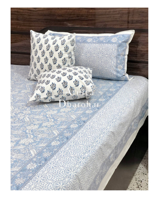 Blue Floral Jaal Cotton Bedsheet