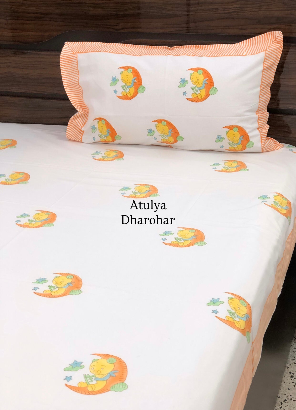 Reading Bunny Kids Hand Block Printed Single Bedsheet