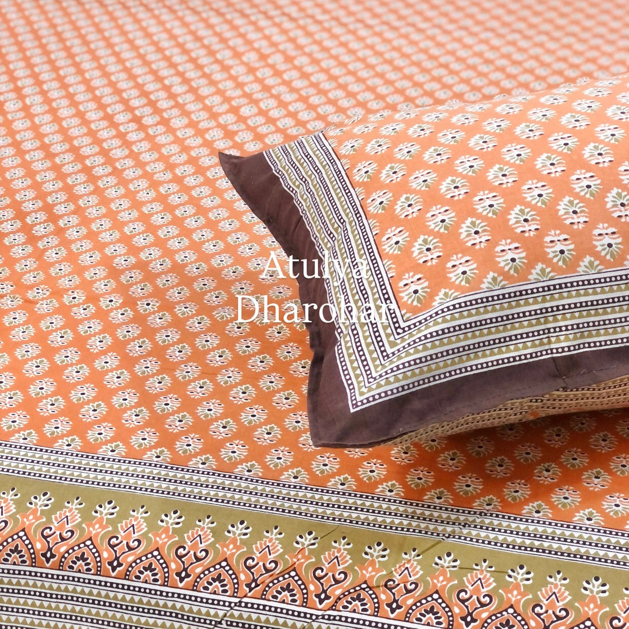 Orange Butti Cotton King Size Bedsheet