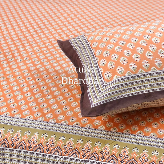 Orange Butti Cotton King Size Bedsheet