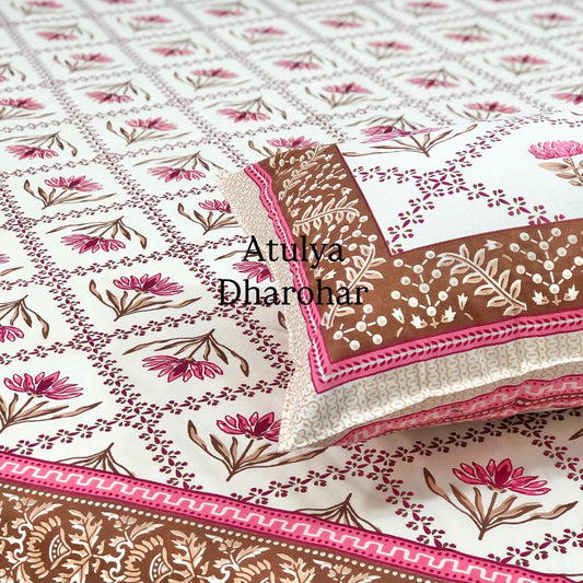 Pink Floral Motifs Cotton King Size Bedsheet