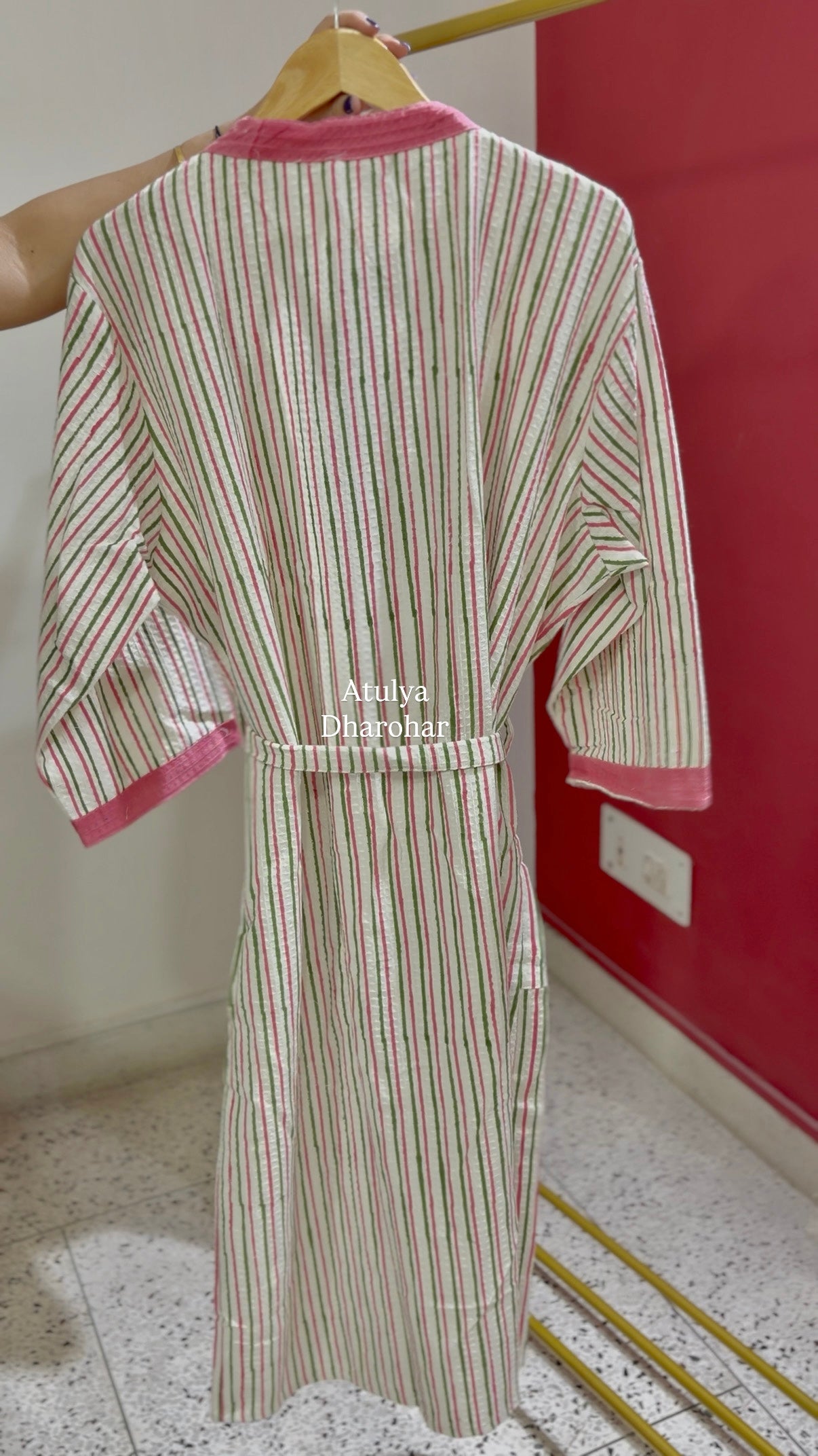 Pink and Green Strips Hand Block Printed Waffle Cotton Bathrobe