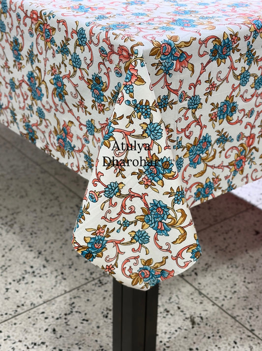Blue Floral Jaal Cotton Dining Table Cover