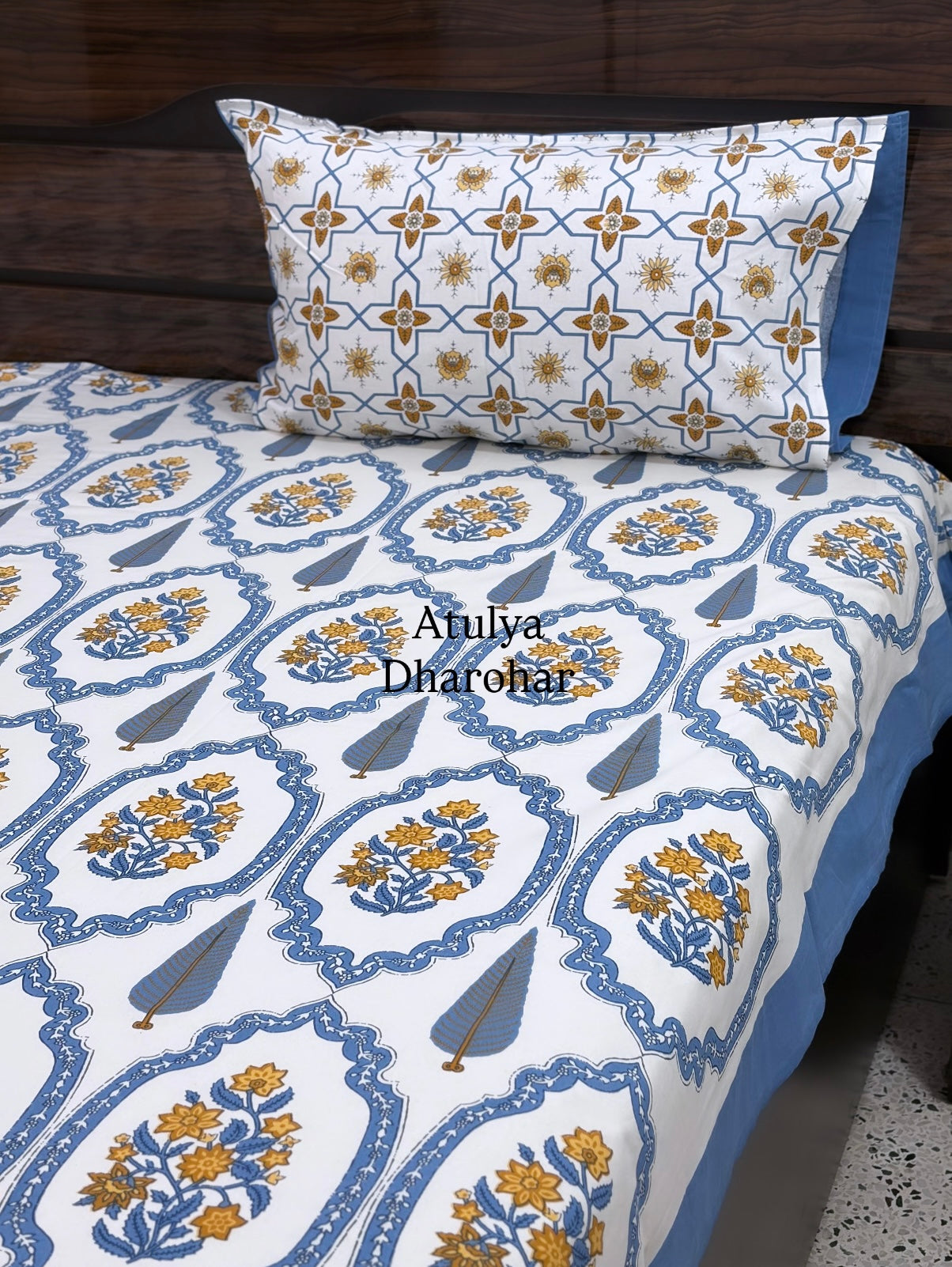 Blue and Yellow Floral Mughal Jaal Cotton Super King Bedsheet