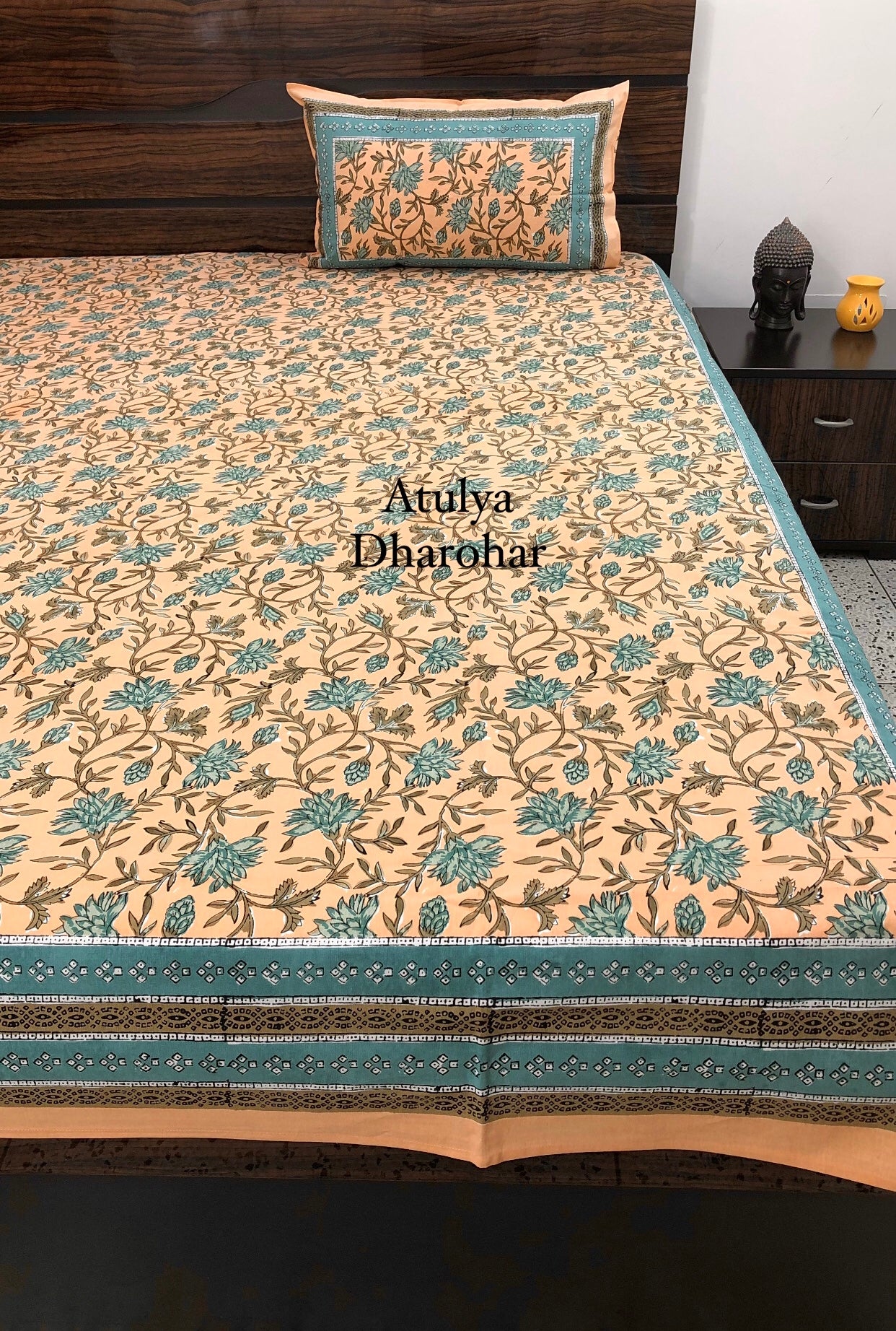 Turquoise Floral Jaal Bedsheet