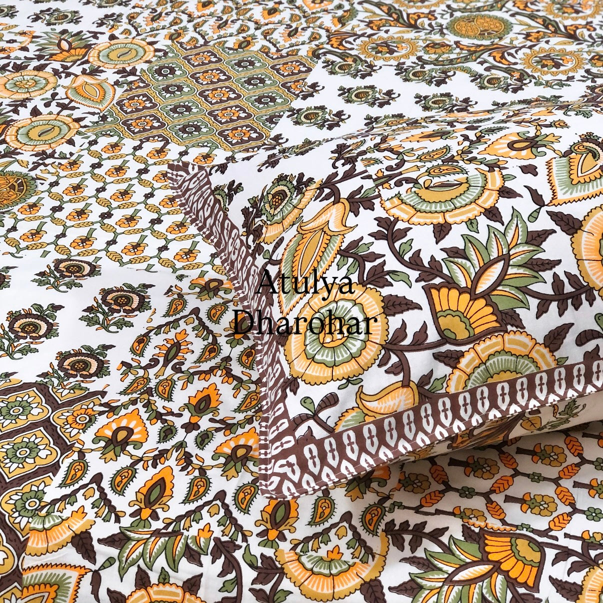 Yellow and Green Patchwork Look Cotton Super King Bedsheet