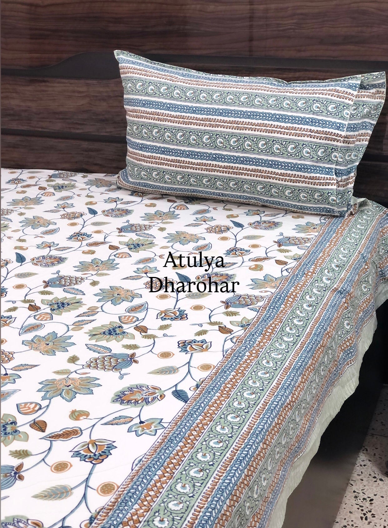 Blue Floral Jaal Cotton Super King Bedsheet