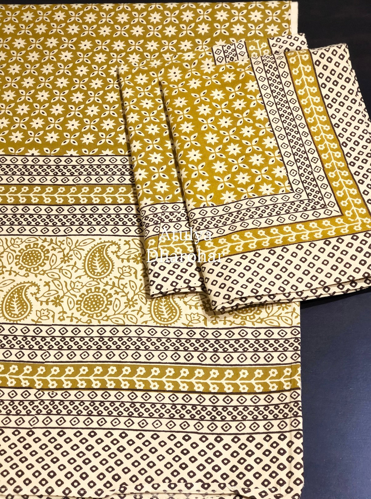 Greenish Mustard Kalamkari Cotton King Size Bedsheet