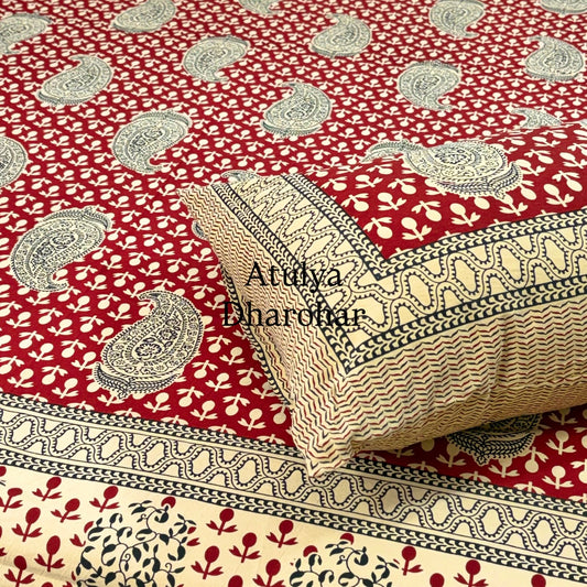 Maroon and Black Cotton  Kalamkari King Size Bedsheet