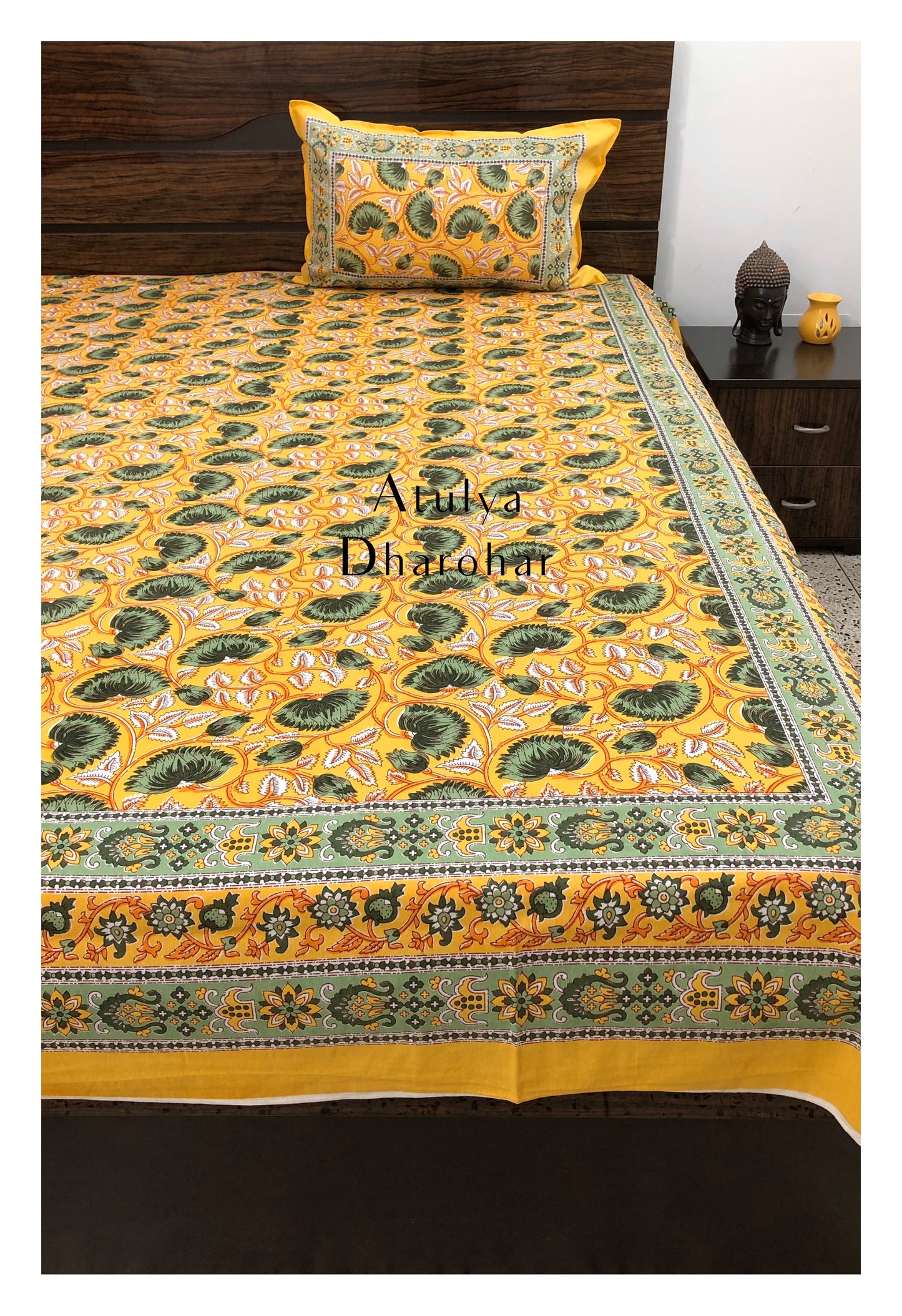 Yellow and Green Lotus Motifs Bedsheet