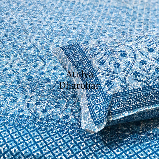Blue Mughal Jaal Cotton King Size Bedsheet