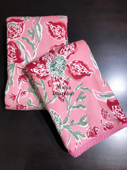 Pink and Green Floral Jaal Mulmul Single Dohar Pair