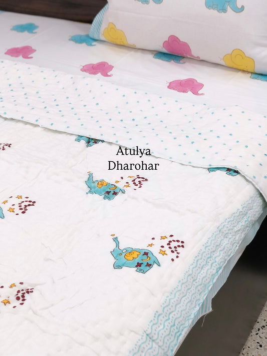 Elephant with Stars Baby Hand Block Printed Quilt