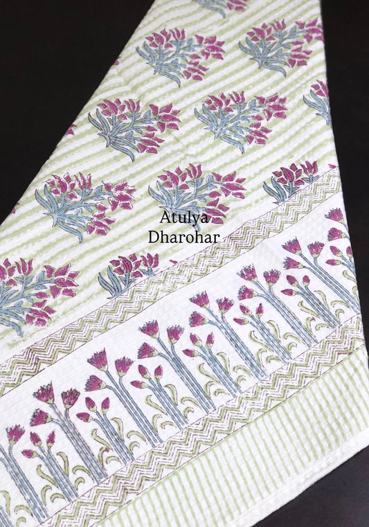 Green and Magenta Floral Motifs Hand Block Printed Waffle Cotton Towel
