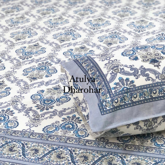 Blue Floral Mughal Jaal Bedsheet