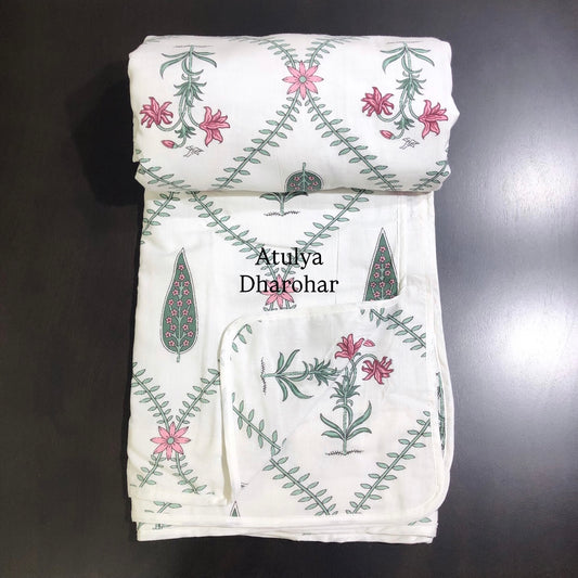 Pink and Grey Mughal Jaal Mulmul Double Bed Dohar