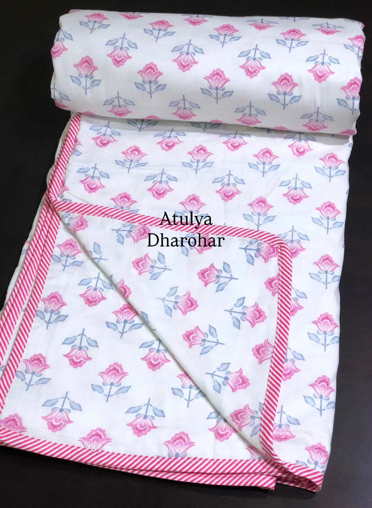 Pink Floral Motifs Mulmul Double Bed Dohar