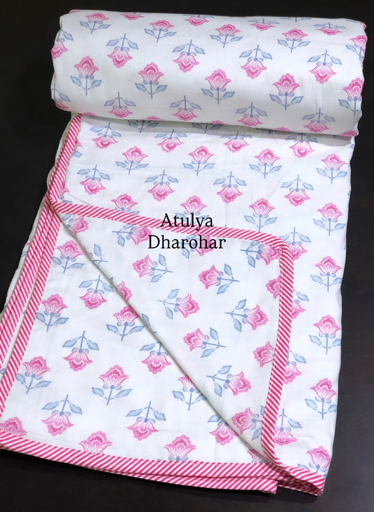 Pink Floral Motifs Mulmul Double Bed Dohar