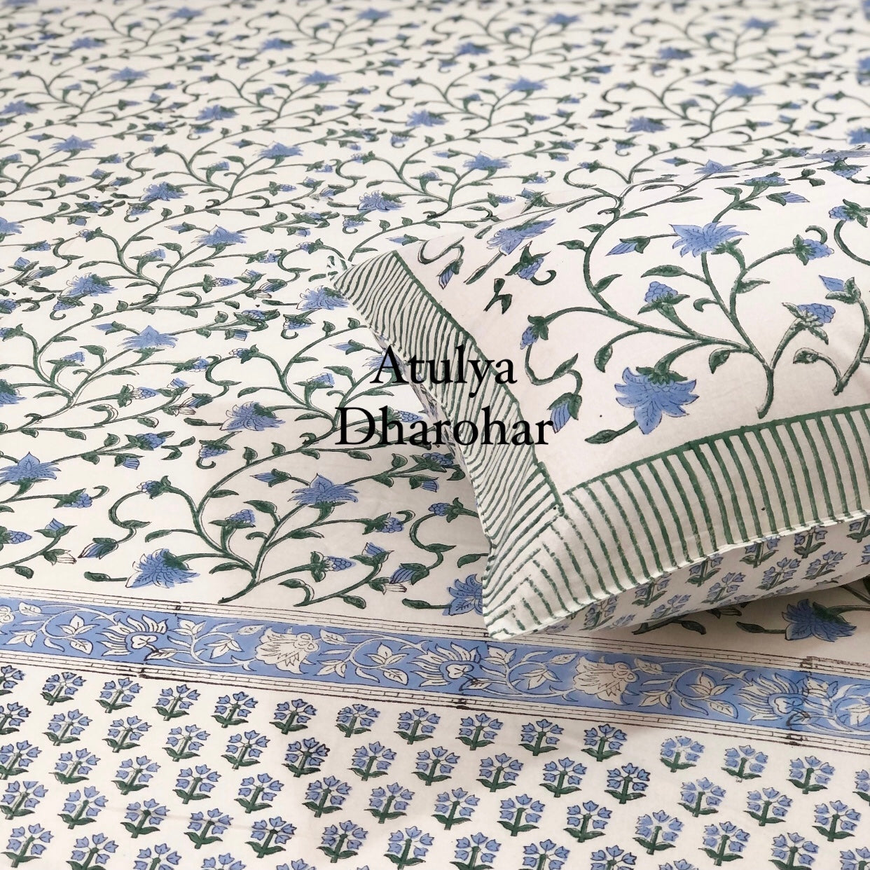 Blue Floral Jaal Hand Block Printed Super King Bedsheet