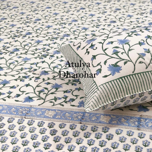 Blue Floral Jaal Hand Block Printed Super King Bedsheet