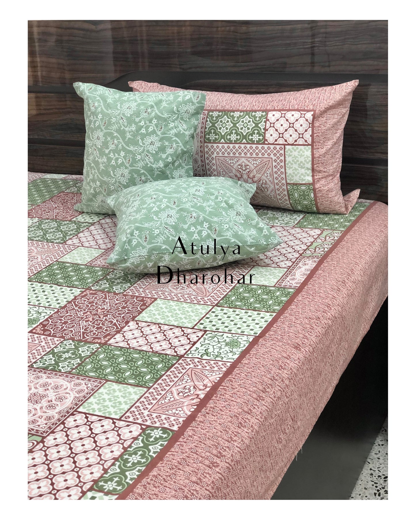 Pink and Green Patchwork Looking Bedsheet