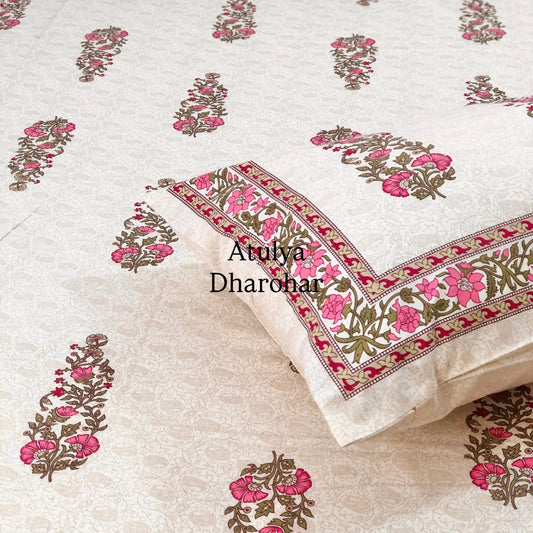 Beige and Pink Floral Motifs Super King Cotton Bedsheet