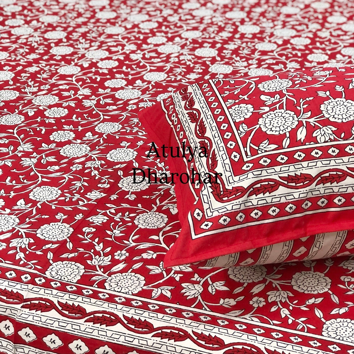 Red Floral Jaal Cotton Super King Size Bedsheet
