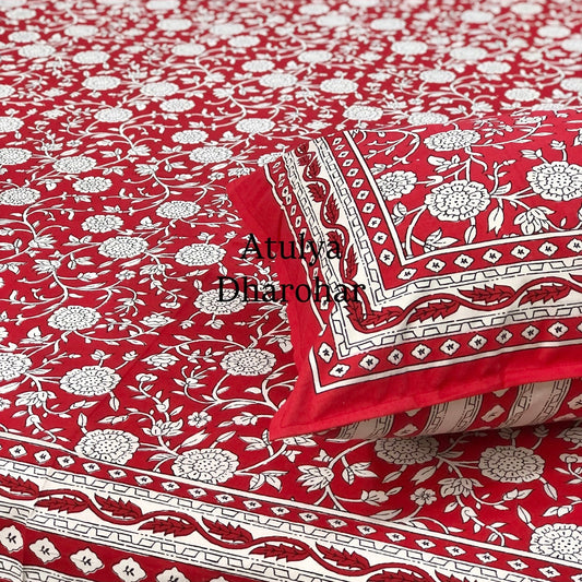 Red Floral Jaal Cotton Super King Size Bedsheet