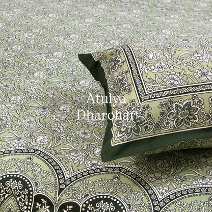 Green Floral Jaal Cotton King Size Bedsheet