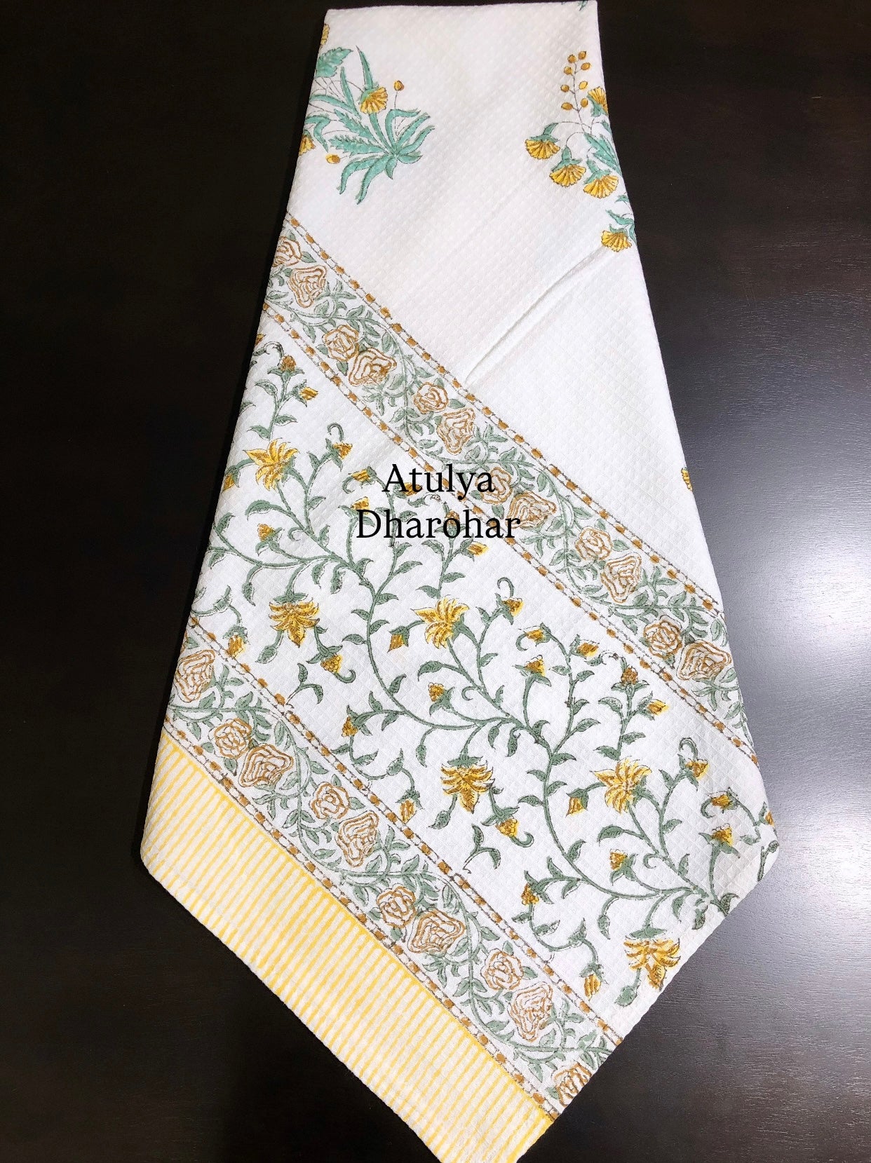 Yellow and Green Floral Motifs Hand Block Printed Waffle Cotton Towel