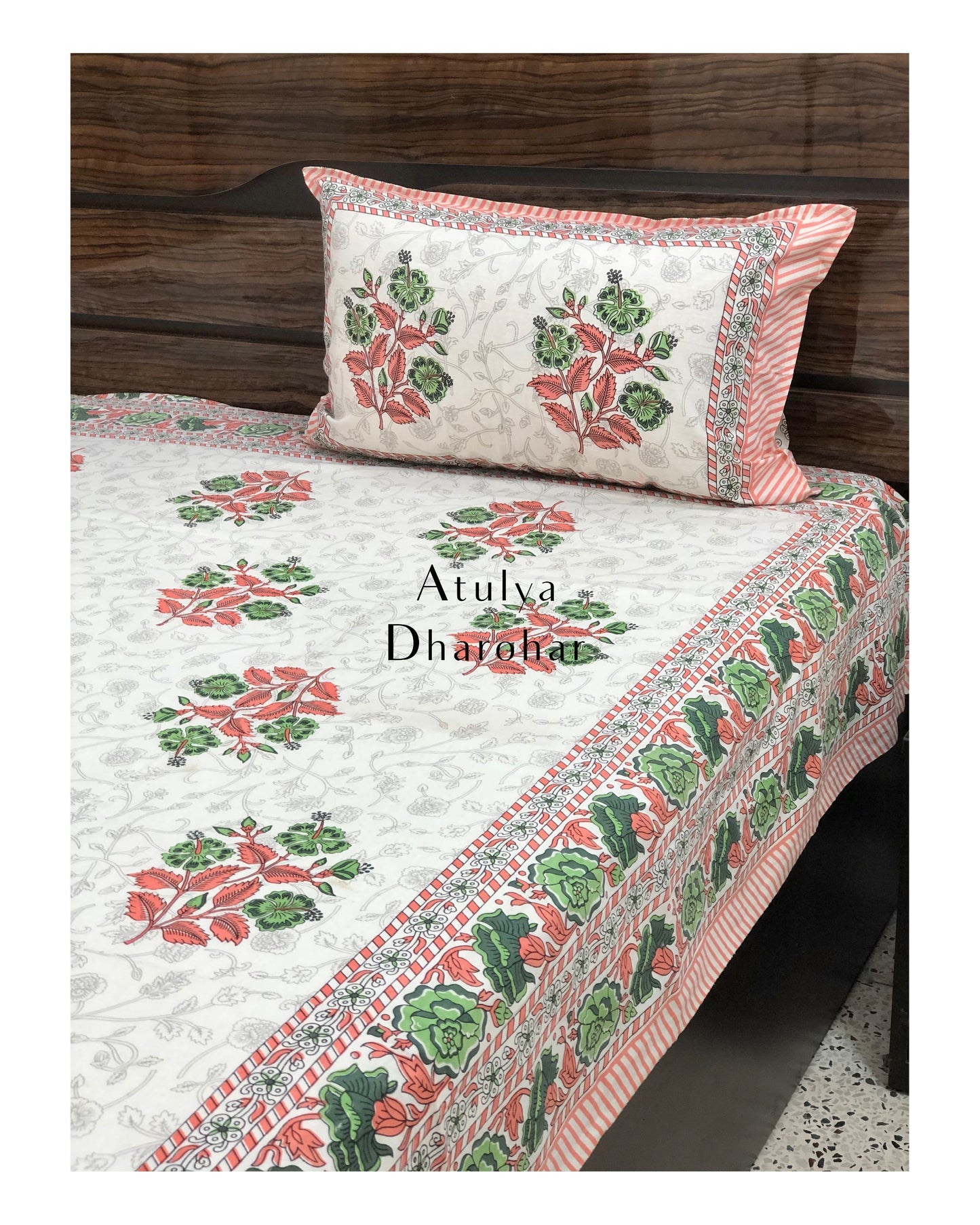 Peach and Green Floral Motifs Bedsheet