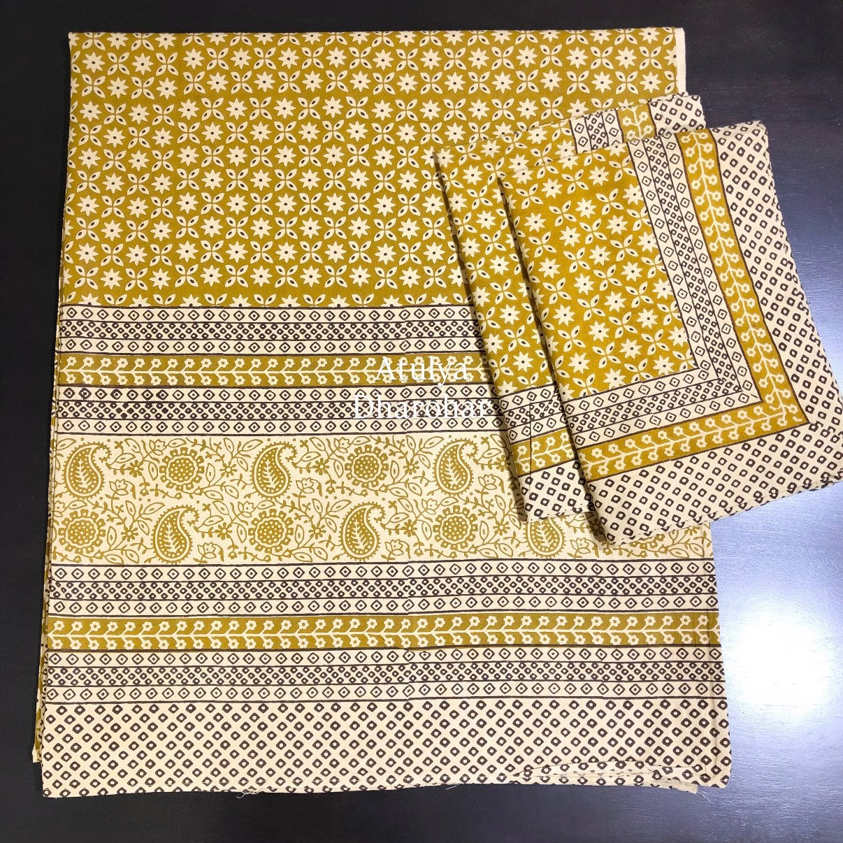 Greenish Mustard Kalamkari Cotton King Size Bedsheet