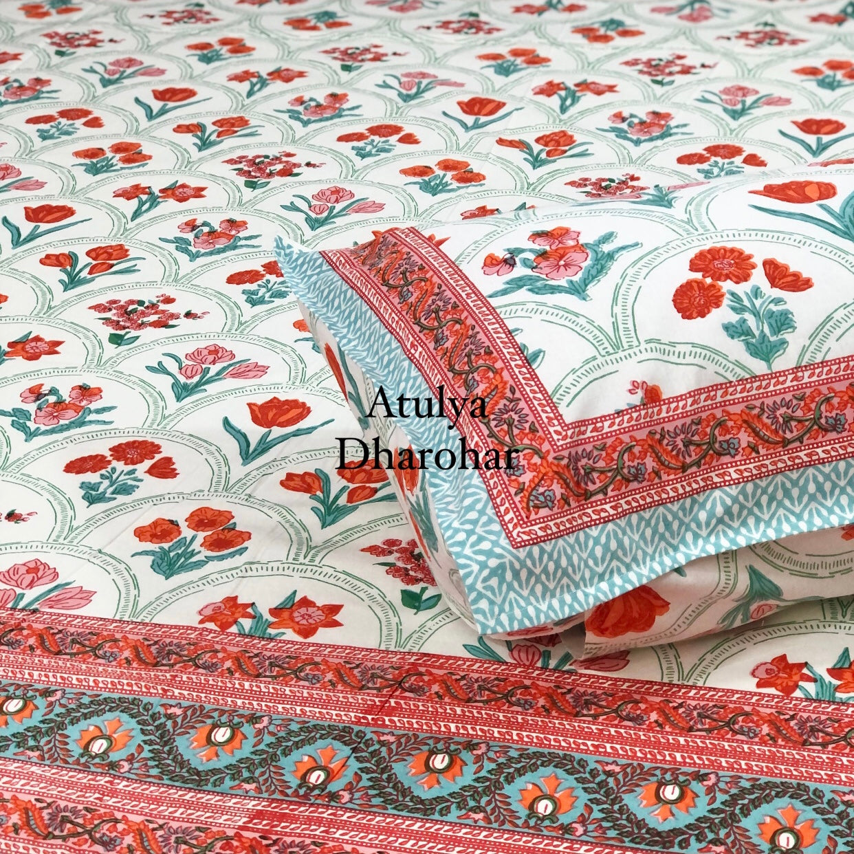 Orange & Pink Tulip Floral Motifs Cotton Bedsheet