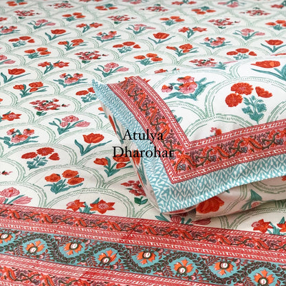 Orange & Pink Tulip Floral Motifs Cotton Bedsheet