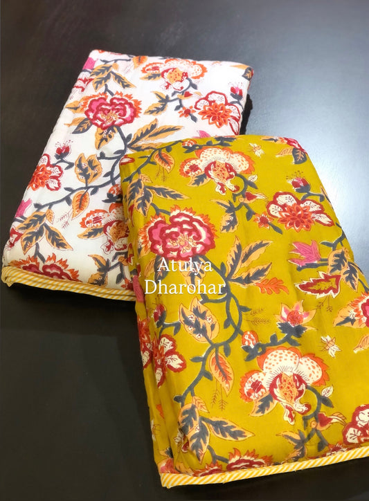Mustard Green Floral Jaal Mulmul Single Dohar Pair