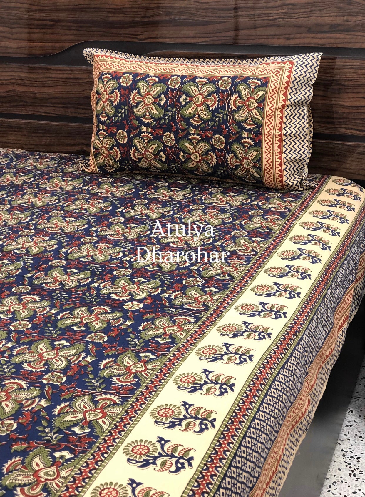 Indigo Kalamkari Cotton Super King Bedsheet