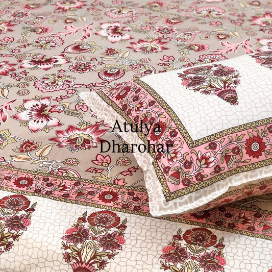 Grey and Pink Floral Jaal Cotton King Size Bedsheet