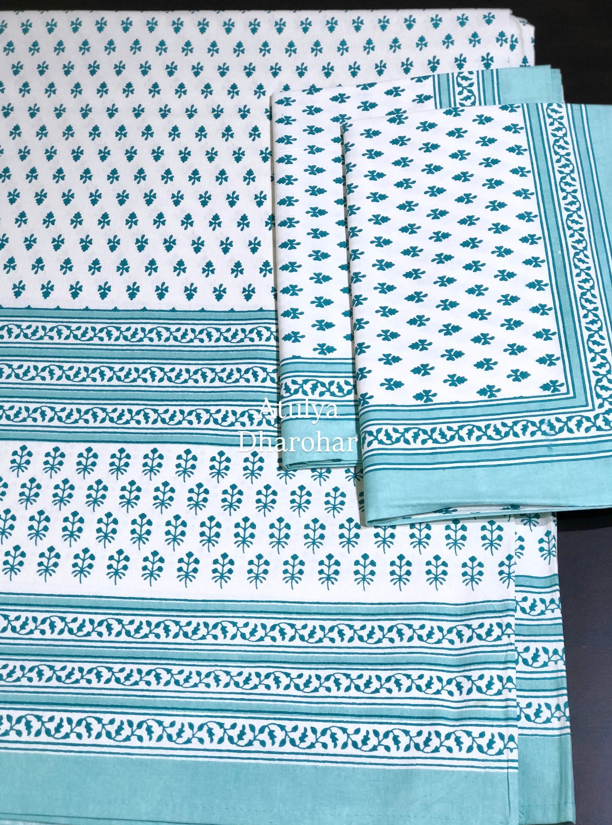 Turquoise Blue Butti Cotton King Size Bedsheet